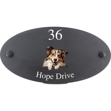 Personalised Shetland Sheepdog Motif Oval Slate House Sign Plaque 25x13cm