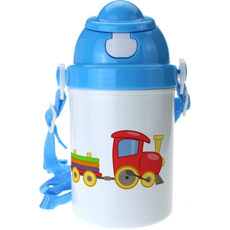 Personalised Train Boys Blue Plastic Drinking Bottle With Popup Lid and Straw