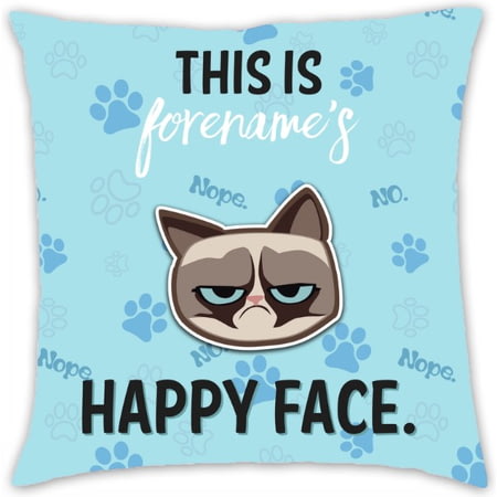 Personalised Grumpy Cat Emoji - Happy Face Cushion Blue - 45x45cm