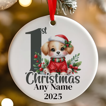 Personalised 1st Christmas Grey Puppy Dog Ceramic Hanging Tree Decoration - 7cm