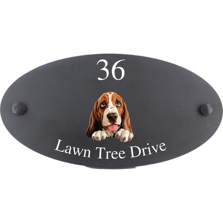Personalised Basset Hound Dog Motif Oval Slate House Sign Plaque 25x13cm