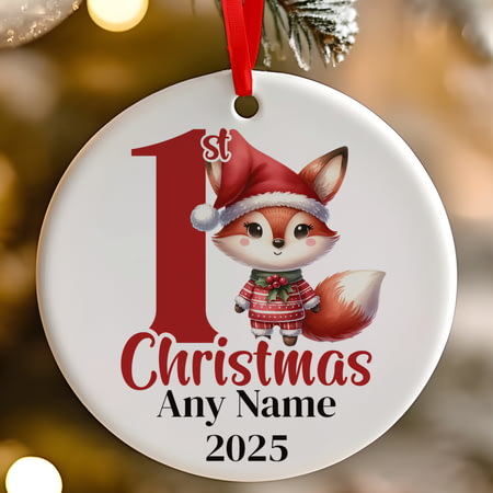 Personalised 1st Christmas Red Fox Ceramic Hanging Tree Decoration - 7cm