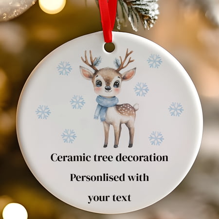 Personalised Blue Christmas Reindeer Ceramic Hanging Tree Decoration - 7cm