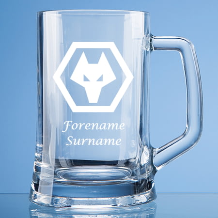 Personalised Wolverhampton Wanderers FC Wolves Crest Stern Glass Pint Tankard