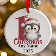 Personalised 1st Christmas Red Penguin Ceramic Hanging Tree Decoration - 7cm