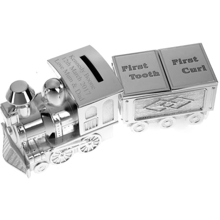 Personalised Silver Plated Train Money Box/First Tooth & Curl Carriage 