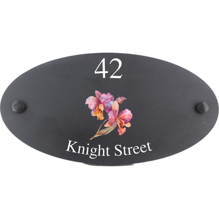 Personalised Orchid Flower Motif Oval Slate House Sign Plaque 25x13cm