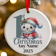 Personalised 1st Christmas Grey Seal Ceramic Hanging Tree Decoration - 7cm