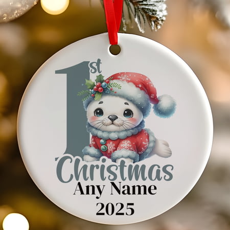 Personalised 1st Christmas Grey Seal Ceramic Hanging Tree Decoration - 7cm
