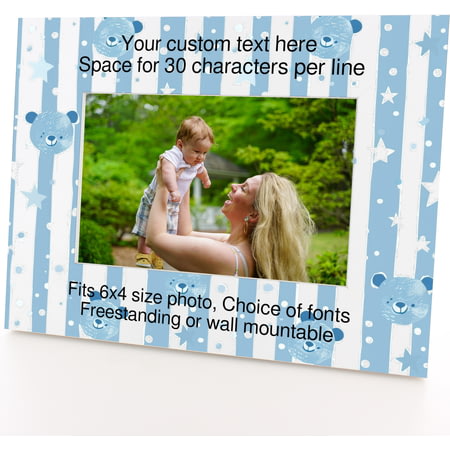 Personalised Blue Teddy Pattern 6x4" Wooden Landscape Photo Frame