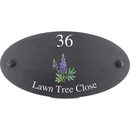 Personalised Lupin Flower Motif Oval Slate House Sign Plaque 25x13cm