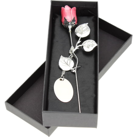 Personalised Engraved Silver Plated Pink Rose with personalised tag - 18cm 