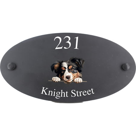 Personalised Miniature American Shepherd Dog Motif Oval Slate House Sign Plaque 25x13cm