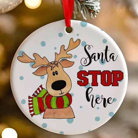 Santa Stop Here Reindeer Ceramic Christmas Tree Decoration - 7cm