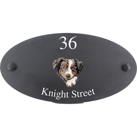 Personalised Australian Shepherd Dog Motif Oval Slate House Sign Plaque 25x13cm