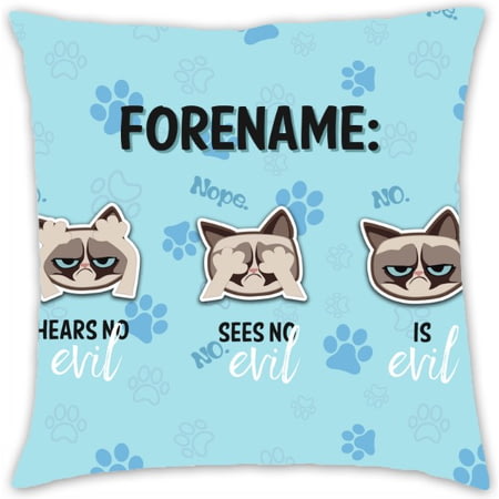 Personalised Grumpy Cat Emoji - Three Wise Cats Cushion Blue - 45x45cm