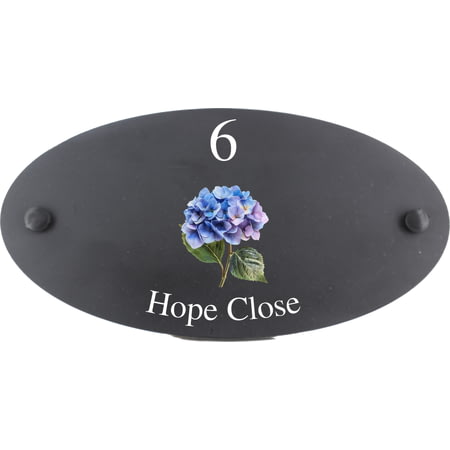 Personalised Hydrangea Flower Motif Oval Slate House Sign Plaque 25x13cm