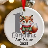 Personalised 1st Christmas Grey Fox Ceramic Hanging Tree Decoration - 7cm