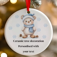 Personalised Blue Christmas Bear Ceramic Hanging Tree Decoration - 7cm