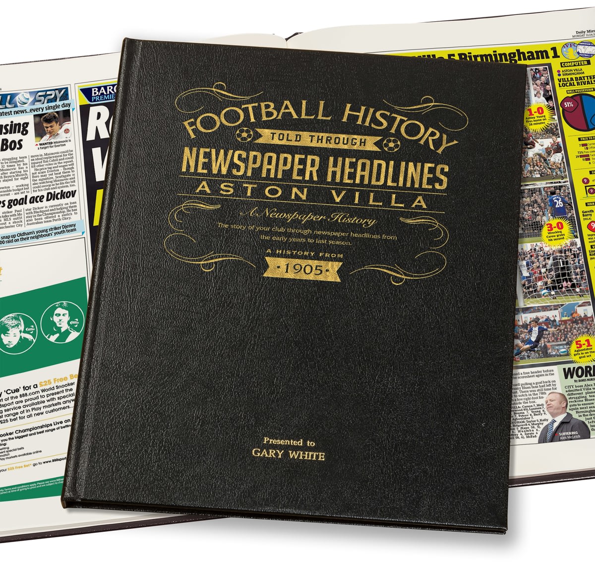 Personalised Aston Villa Football Newspaper Book Leather Cover from