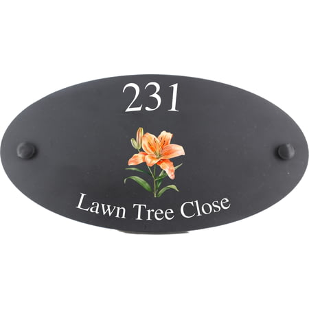 Personalised Lily Flower Motif Oval Slate House Sign Plaque 25x13cm
