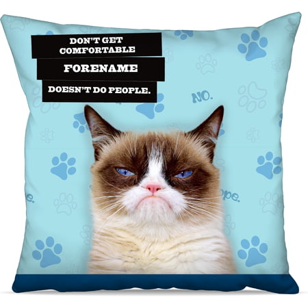 Personalised Grumpy Cat - Doesn’t Do People Blue Cushion - 45x45cm