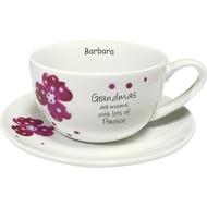 Personalised Pink Pansies Grandma Sentiments Tea Cup & Saucer