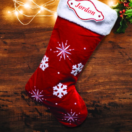 Personalised Snowflake Red Christmas Stocking With Name Plaque