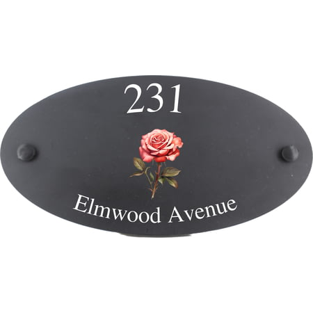 Personalised Rose Flower Motif Oval Slate House Sign Plaque 25x13cm