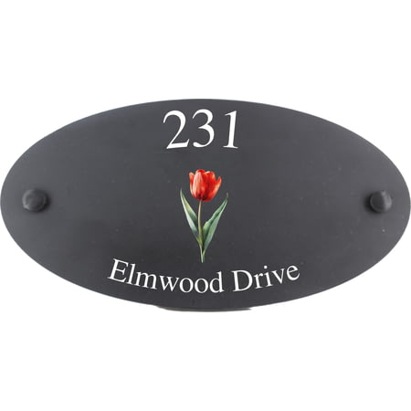 Personalised Tulip Flower Motif Oval Slate House Sign Plaque 25x13cm