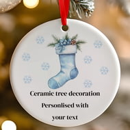 Personalised Blue Christmas Stocking Ceramic Hanging Tree Decoration - 7cm