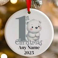 Personalised 1st Christmas Grey Polar Bear Ceramic Hanging Tree Decoration - 7cm
