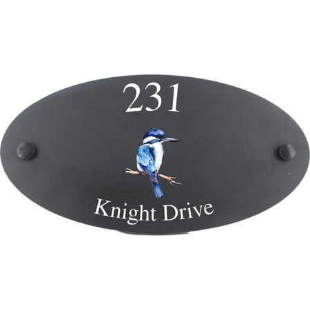 Personalised Ultra Marine Kingfisher Bird Motif Oval Slate House Sign Plaque 25x13cm