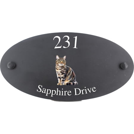 Personalised Cat Motif Oval Slate House Sign Plaque 25x13cm