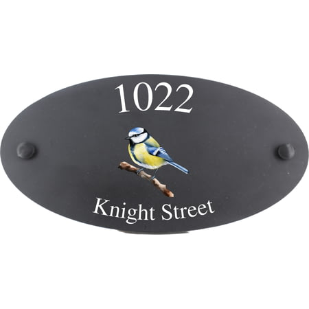 Personalised Blue Tit Bird Motif Oval Slate House Sign Plaque 25x13cm