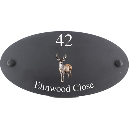 Personalised Stag Wildlife Animal Motif Oval Slate House Sign Plaque 25x13cm
