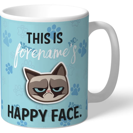 Personalised Grumpy Cat Emoji - Happy Face Mug Blue