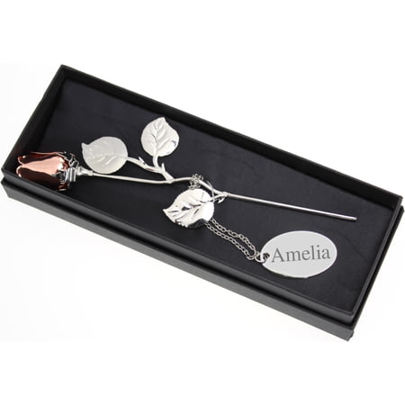 Personalised Engraved Silver Plated Rose Gold Rose - 18cm with personalised tag 