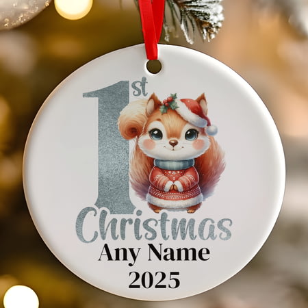 Personalised 1st Christmas Silver Effect Squirrel Ceramic Hanging Tree Decoration - 7cm
