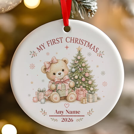Personalised 1st Christmas Bear Ceramic Hanging Tree Decoration - 7cm