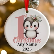 Personalised 1st Christmas Pink Penguin Ceramic Hanging Tree Decoration - 7cm