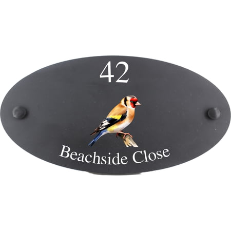 Personalised Goldfinch Bird Motif Oval Slate House Sign Plaque 25x13cm