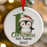 Personalised 1st Christmas Green Penguin Ceramic Hanging Tree Decoration - 7cm