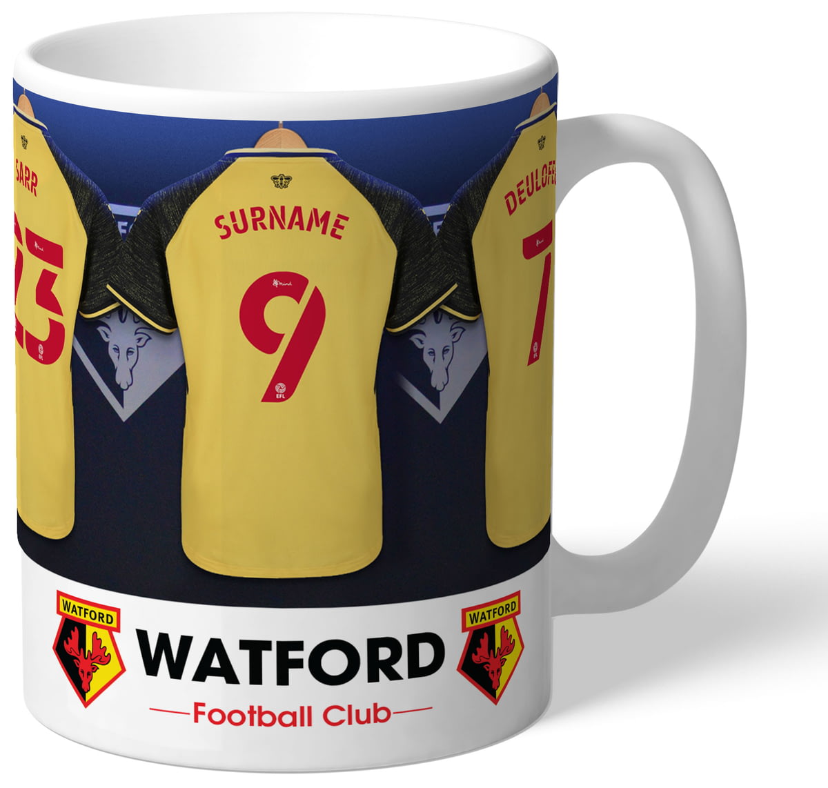 Personalised Watford FC Dressing Room Shirts Mug from Go Find A Gift