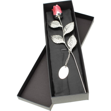Personalised Engraved Silver Plated Pink Rose with personalised tag - 32cm 