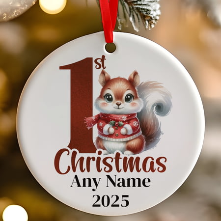 Personalised 1st Christmas Red Squirrel Ceramic Hanging Tree Decoration - 7cm